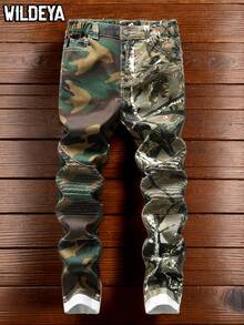 SHEIN Quần jeans denim wash dáng casual cho bé trai tuổi teen, phối họa tiết rằn ri cành cây, vạt trước xắn lên, thích hợp đi học, đi đại học, mùa thu/đông, unisex. - xanh quân đội - Xem 6