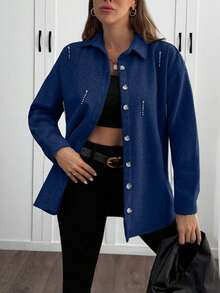 EURMUSE Solid Color , Rhinestone Details, Over Shirt Jacket - Navy Blue - View 5