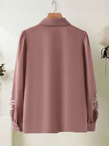 Modelyn Plus Size Women Elegant Floral Print Front Button Long Sleeve Arabic Style Top, Autumn - Dusty Pink - View 3