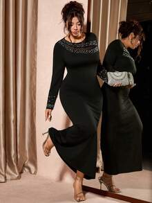 Cravure 大码女式珍珠装饰网纱拼接美人鱼连衣裙，性感复古优雅度假派对浪漫礼服 - 黑色 - 查看 5