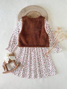 SHEIN مجموعة فستان أكمام طويلة مزخرف بالزهور + سترة فرائية للبنات الصغيرات، طقم كاجوال بطراز كوري بياقة مستديرة وأكمام فانوس وخصر مطوي، فستان قصير مع كارديجان فضفاض، بدلة أنيقة وعتيقة للربيع والخريف والشتاء - بني - مشاهدة 2