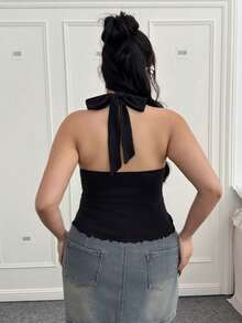 CovetEZ 大码夏季度假风格 V 领细肩带针织背心 - 黑色 - 查看 2