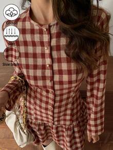 Elyressa Váy kẻ caro thanh lịch và thời trang dành cho quý cô mùa thu - Đỏ - Xem 6