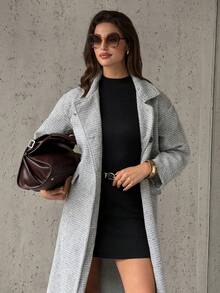 Firerie Women's Elegant Minimalist Commuter Urban Chic New Arrival Casual Stand Collar Button Herringbone Wool Blend Long Coat, Autumn/Winter - Grey - View 3