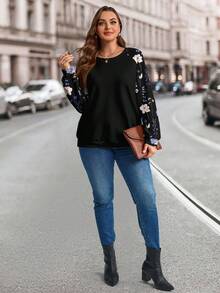 Áo nỉ nữ cỡ lớn màu xanh navy họa tiết hoa nhí phối màu tương phản, cổ tròn, tay raglan, thích hợp cho kỳ nghỉ Thu/Đông, Áo nỉ Thu/Đông, Áo nỉ xanh navy, Thích hợp cho Năm mới, Giáng sinh - màu đen - Xem 4