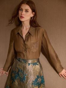 MOTF PREMIUM CONTRAST GUIPURE LACE PATCHED POCKET SHIRT - Brown - View 6