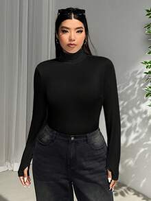 SHEIN EZwear Plus Size Women Black Turtleneck Long Sleeve T-Shirt, Versatile For Autumn/Winter,Christmas,New Year,Thanksgiving,Party,Wedding,Beach,Graduati,Chic,Elegant,Casual,Going Out,Date,Appointment,Commute - Black - View 6