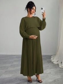 Momance Maternity Long Sleeve Dress With Button Shoulder, Pleated A-Line Hem - Army Green - View 3