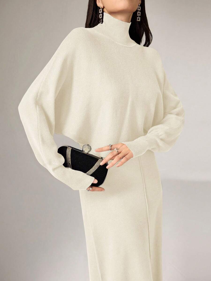 Modelyn 2件組女款休閒簡約優雅高領蝙蝠袖針織衫與洋裝,秋冬兩件套裝 - 杏色 - 查看 1