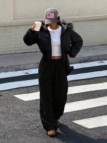 Quần dài vải nhung dày dặn, dáng rộng thoải mái cho bé gái tuổi teen, đa năng khi mặc hàng ngày - màu đen - Xem 5