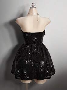 SHEIN ICON 大码女式亮片装饰无肩带派对连衣裙 - 黑色 - 查看 2