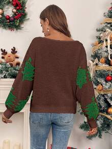 EMERY ROSE Women's Christmas Tree Oblique Collar Loose Casual Pullover Sweater Fall Sweater Brown Christmas Sweater Cute Sweater Christmas Sweaters For Women Sweater Tops Brown Sweater - Coffee Brown - View 2