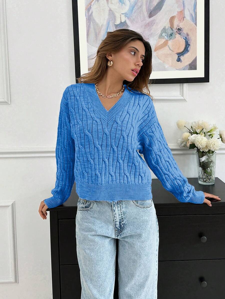 EURMUSE Casual Cute V Neck Long Sleeve Cable Knit Sweater - Blue - View 1