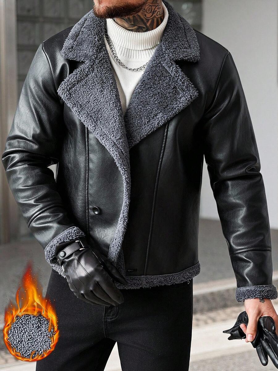 Manfinity CasualCool Giacca casual con fodera termica, collo a bavero, manica lunga, vestibilità ampia, adatta per uomo, in pelle nera, stile biker, per autunno/inverno, per uso quotidiano, tempo libero, weekend, attività all'aperto, viaggi, ambienti di lavoro rilassati o occasioni semi-formali, regalo per il fidanzato/marito, regalo per anniversario, Natale - nero - Visualizzare 1