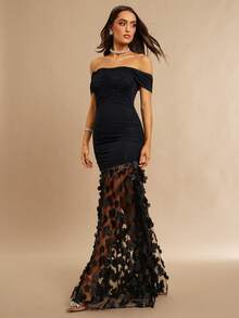 Silquee 女士性感露肩长袖紧身连衣裙，腰部褶皱设计，拼接下摆，纯色针织连衣裙 - 黑色 - 查看 5