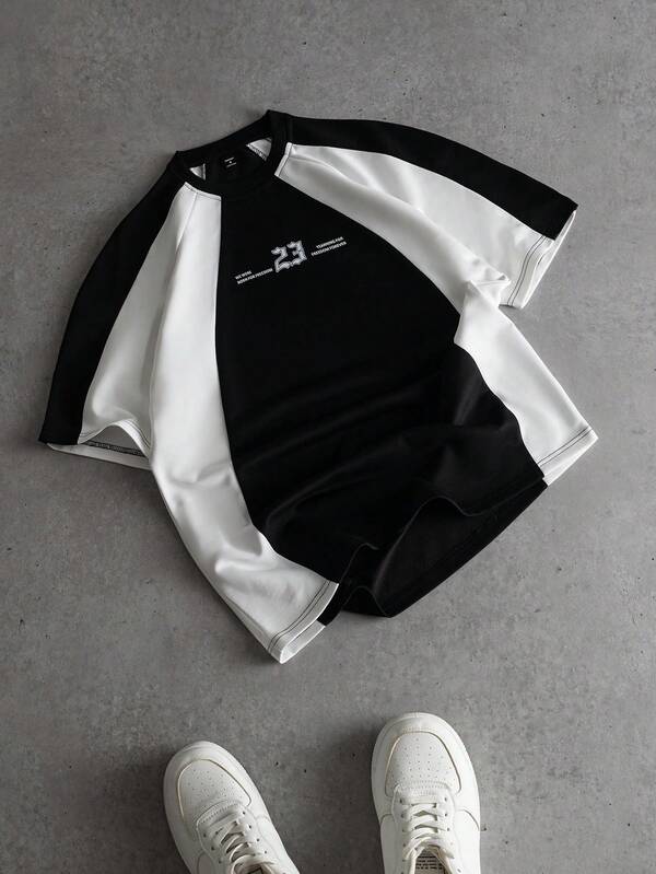 PAVTROS 男士标语印花撞色圆领短袖休闲T恤