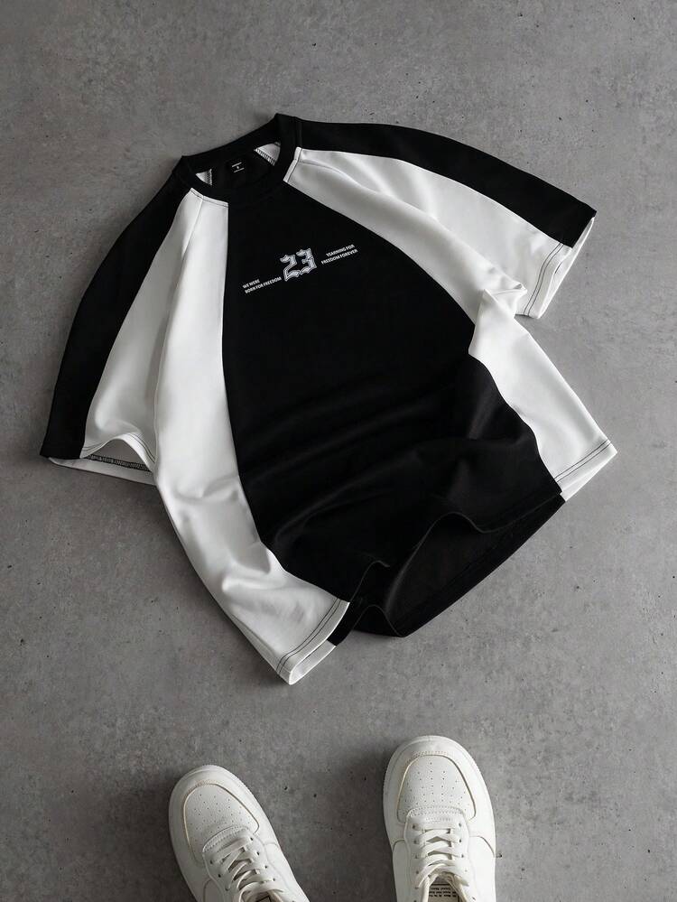 PAVTROS 男士标语印花撞色圆领短袖休闲T恤 - 彩色 - 查看 1