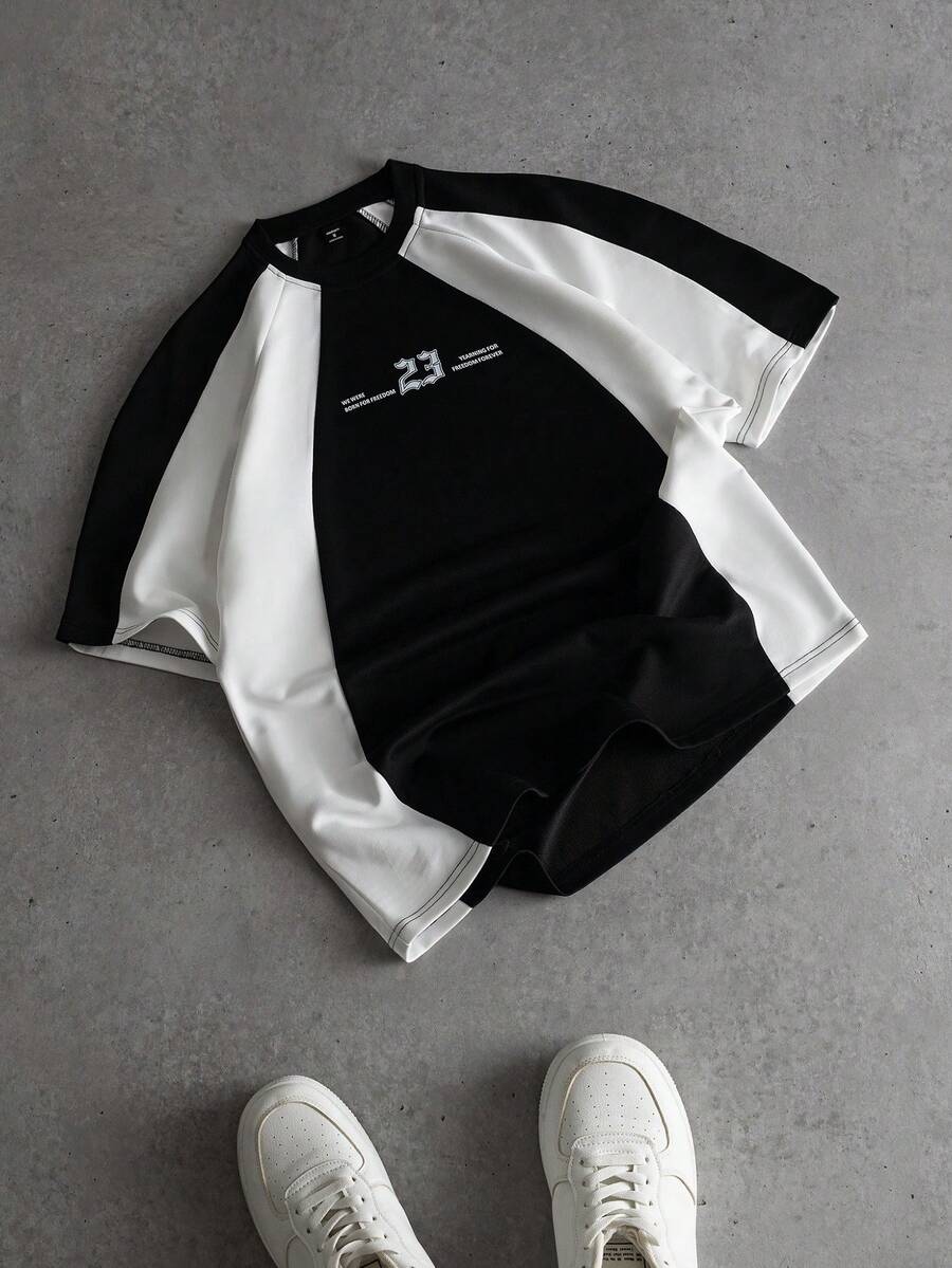 PAVTROS Men's Slogan Print Contrast Color Round Neck Short Sleeve Casual T-Shirt,Streetwear,Baggy,Graphic,Matching,Friends,I Love My Boyfriend,Street Style,Couples - Multicolor - View 1