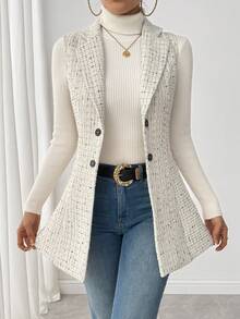 RosyDaze Women's Polka Dot Collar Sleeveless Tweed Jacket - White - View 6