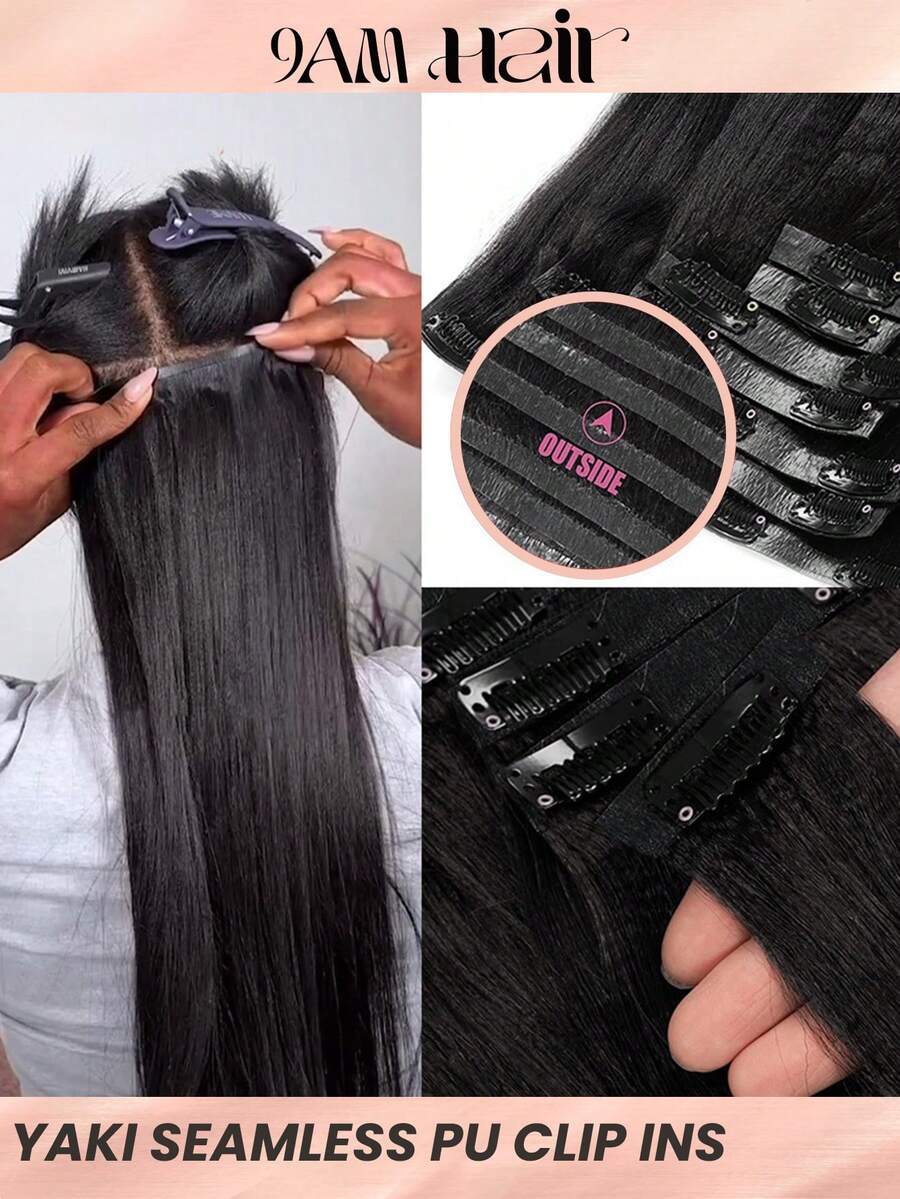 Seamless Clip In Hair Extension Light Yaki Straight Real Human Hair Remy Hair Clip Ins For Women Natural Human Hair 7pcs With 16clips Per Set - SNatural - View 1