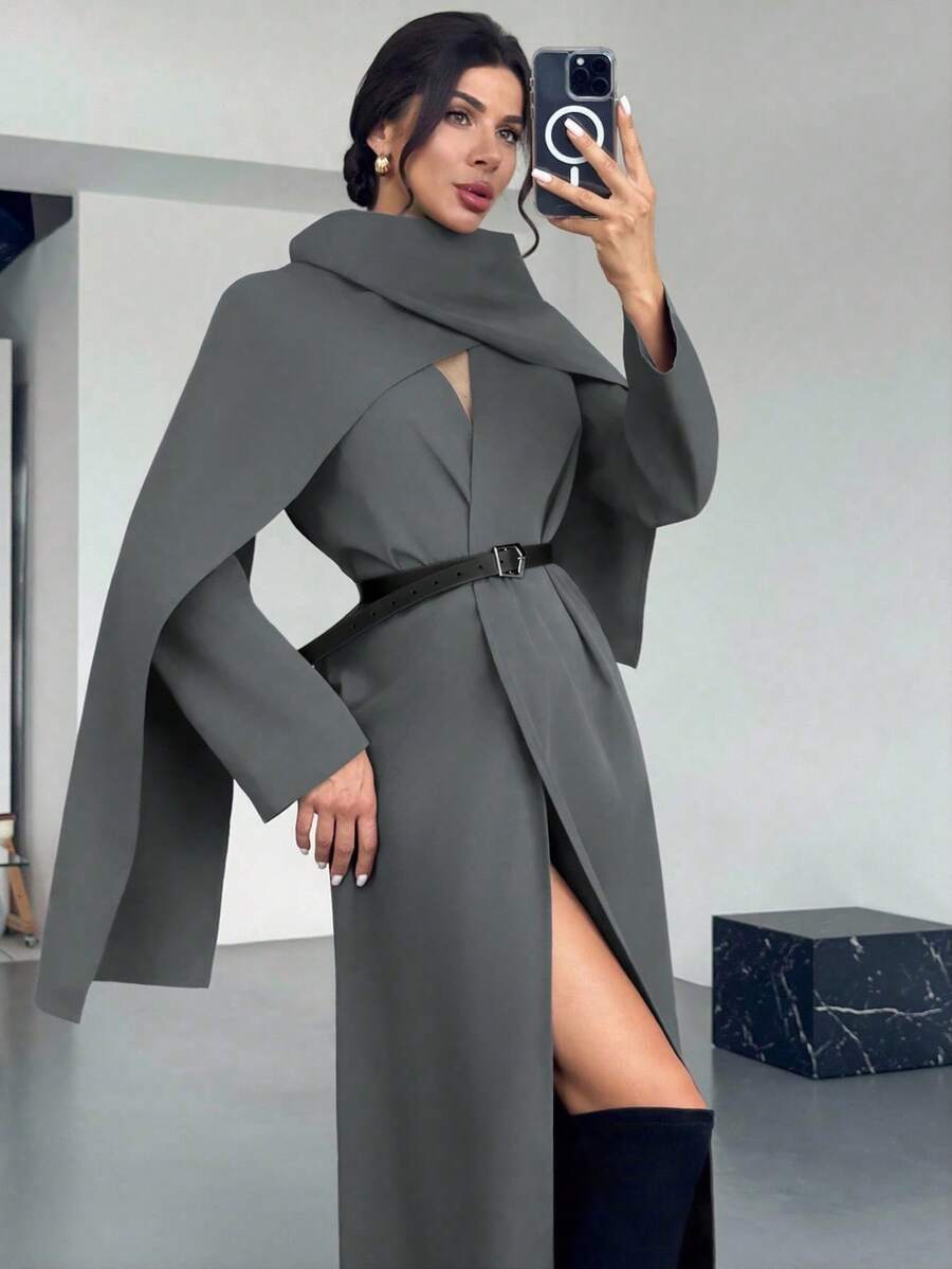 Firerie Women's New Autumn/Winter Scarf Attached Elegant Everyday Commute Lightweight Long Jacket - Grey - View 1