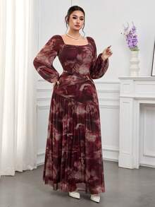 Modelyn Plus Size Elegant Floral Print Dress For Party Vacation Dresses - Burgundy - View 5