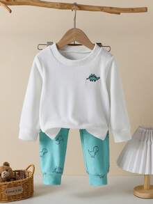 男童加厚柔软超细抓绒可爱小恐龙印花圆领长袖上衣和恐龙印花长裤套装 - 彩色 - 查看 9