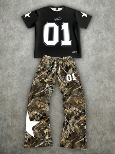 Manfinity ZONE917 Conjunto de camiseta de manga corta y pantalones de ajuste holgado con etiqueta de estrella camuflaje blanco deportivo ZONE917