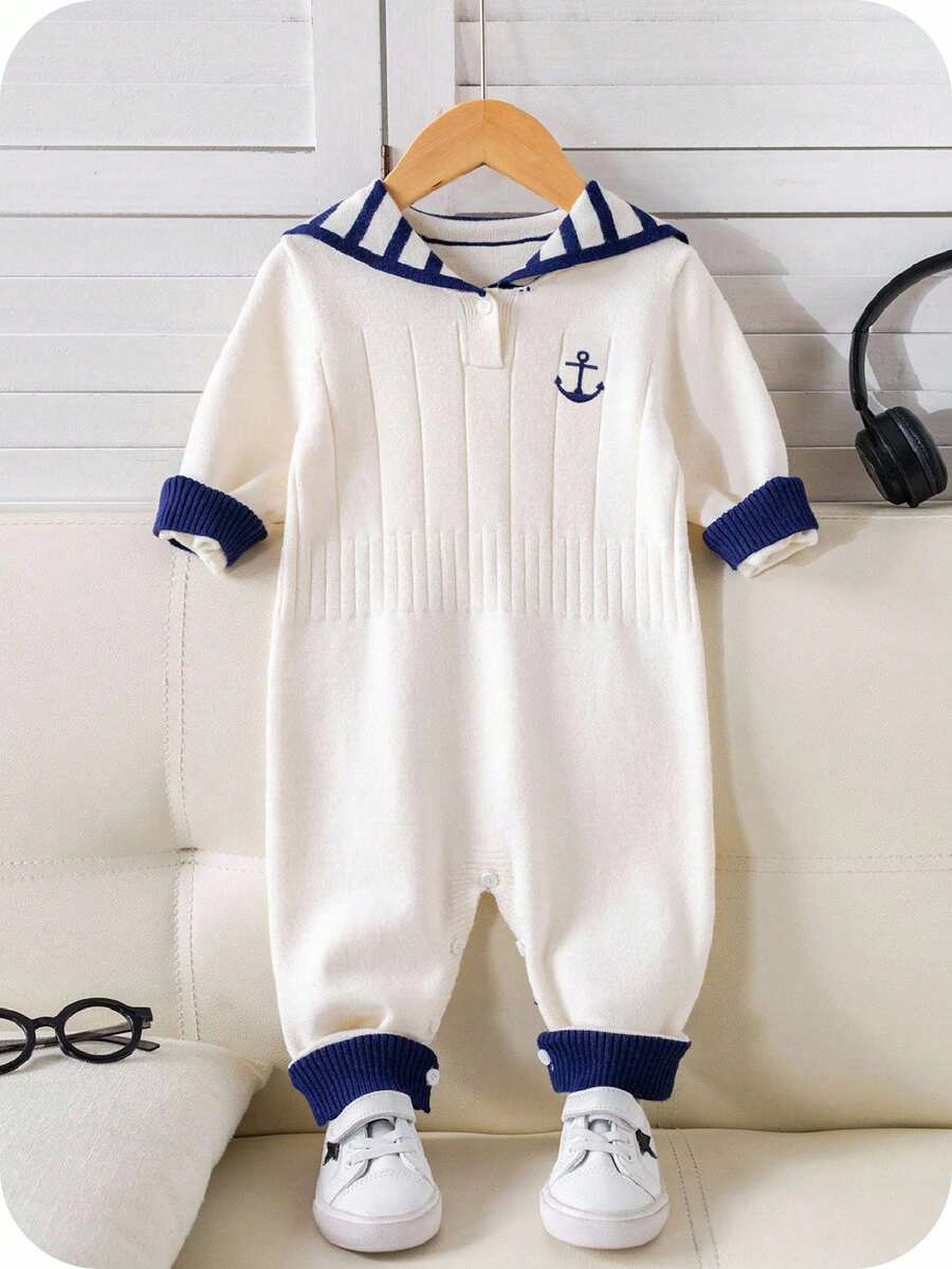 SHEIN Unisex Baby Cute Navy Striped Long Sleeve Sweater Romper, Autumn/Winter Baby Clothes  Fashion - Multicolor - View 1