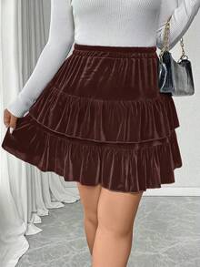 SHEIN Clasi 加大码双层荷叶边天鹅绒休闲迷你裙 - 棕色 - 查看 7