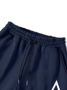 Manfinity Homme 男士休闲几何印花卫衣和运动裤两件套，秋冬服装 - 藏蓝色 - 查看 4