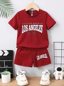 SHEIN 2pcs/Set Young Boy Letter Print Round Neck Short Sleeve T-Shirt And Shorts, Casual