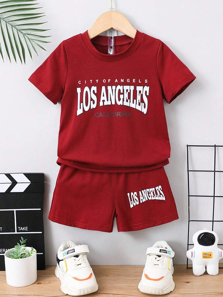 SHEIN 2pcs/Set Young Boy Letter Print Round Neck Short Sleeve T-Shirt And Shorts, Casual