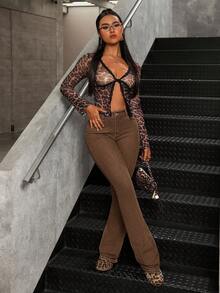 SHEIN Tall Women's Fashionable Casual Slim Fit Mid-Waist Denim Flare Pants - Khaki - View 3