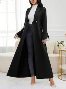 Al Najma Elegant Lapel Contrast Cuff Metal Button Cardigan Abayas - Black - View 4