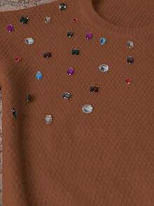 LanaWest Áo len chui đầu tay dài cổ tròn đính đá thủ công thời trang thu đông mới cho nữ, kiểu dáng phương Tây, đa năng, thoải mái - Rỉ Nâu - Xem 2