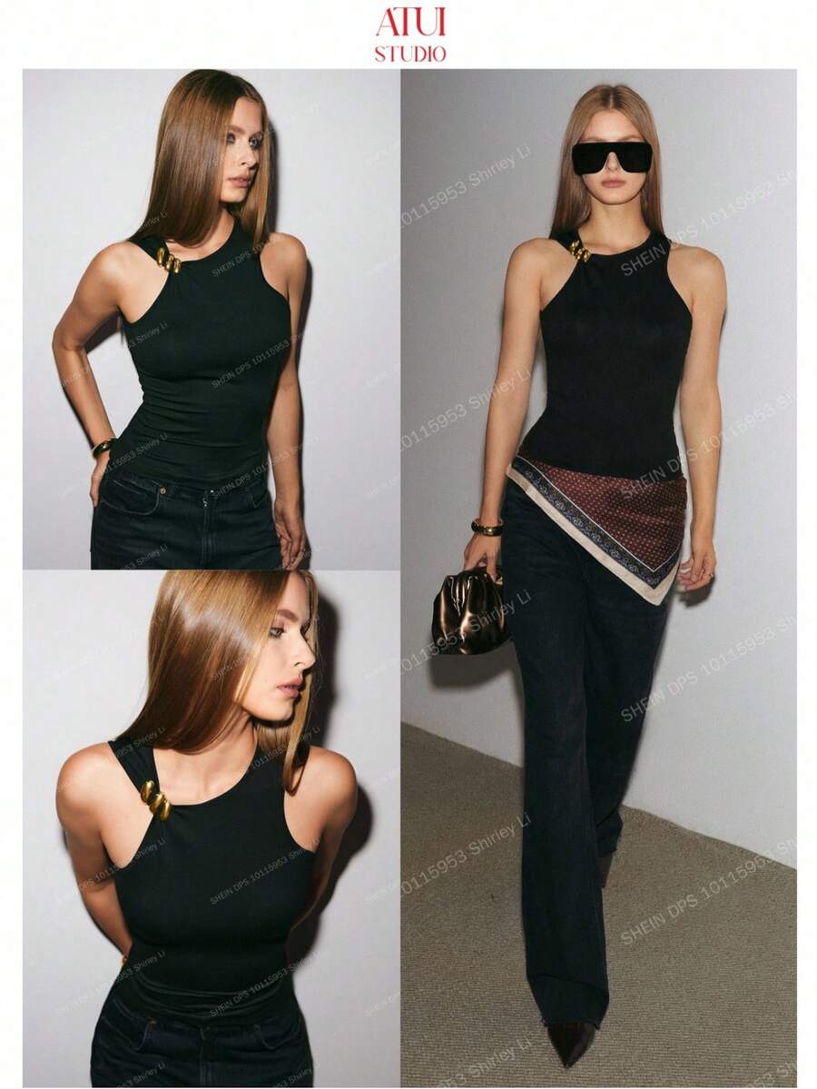 ATUI Studio Damen Asymmetrische Kaltschulter Bluse, sexy & elegante Büro-Lady-Bluse mit Metallknopf-Dekor an der Schulter, modisch für den Arbeitsweg, elegant & sexy, geeignet für Strandurlaub auf Hawaii, Kaltschulter-Design, Bluse, elegantes Damen-Camisole