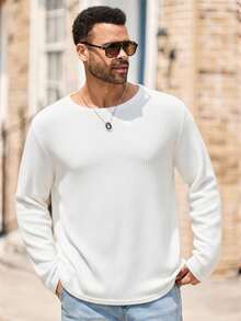 EASEVO Plus Size Men's Casual Solid Color Round Neck Long Sleeve T-Shirt - White - View 4