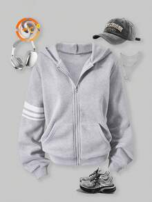 SHEIN Explorewe Teen Girl Solid Color Hooded Fleece Sleeve Striped Sweatshirt, Autumn/Winter - Grey - View 1