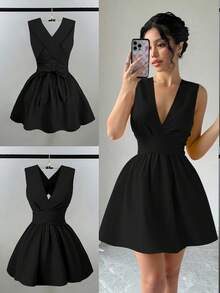 Franclia 女士浪漫优雅性感婚礼宾客纯色交叉 V 领无袖 A 字迷你连衣裙，演唱会服装百搭设计，适合海滩、派对、春夏口袋晚礼服露背奶油黄短裙 - 黑色 - 查看 7