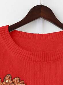 Linhara 大码女式纯色针织圆领枫叶亮片刺绣长袖常规优雅套头毛衣，秋冬款 - 紅色 - 查看 4