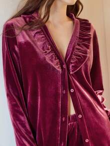 MOTF PREMIUM VELVET SOLID V-NECK RUFFLE TRIM TOP & PANTS LOUNGE SET