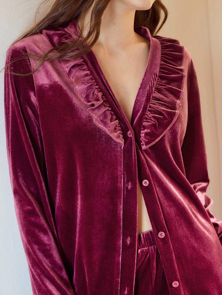 VELVET SOLID V-NECK RUFFLE TRIM TOP & PANTS LOUNGE SET