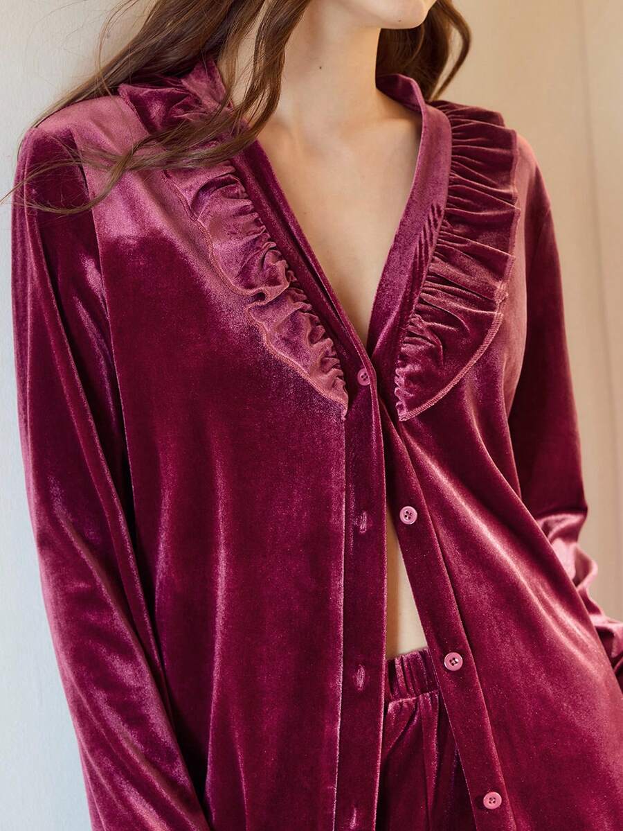 MOTF PREMIUM 丝绒纯色V领荷叶边上衣和裤子家居服套装 - 玫紅色 - 查看 2