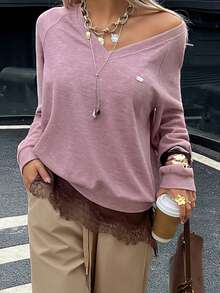 DAZY 休闲V领宽松舒适百搭女式卫衣 - 紫色 - 查看 7