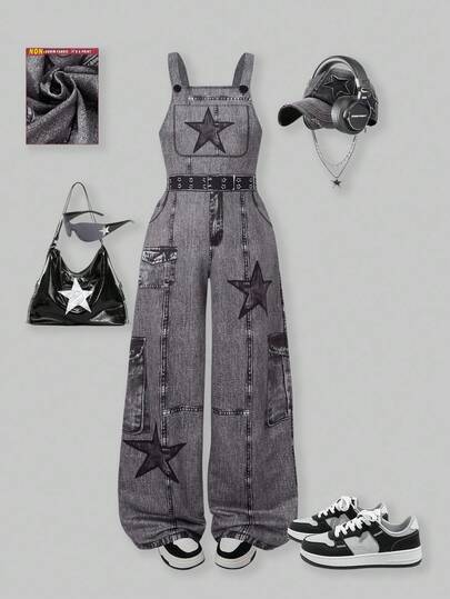 SHEIN ChillGRL 青少年女孩时尚星星印花针织吊带裤，适合学校季节的时尚街头服饰，适合春季、夏季、秋季、日常穿着