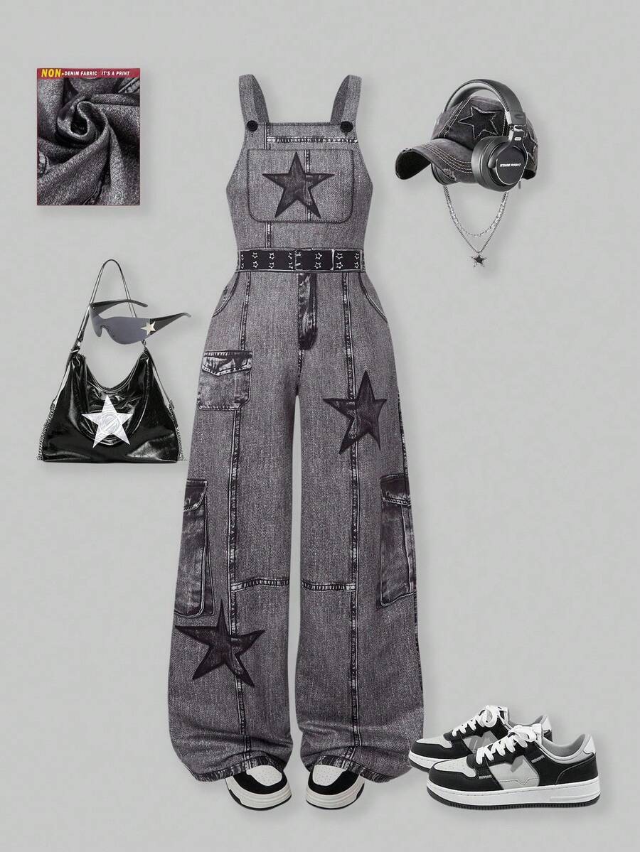 SHEIN ChillGRL 青少年女孩时尚星星印花针织吊带裤,适合学校季节的时尚街头服饰,适合春季、夏季、秋季、日常穿着 - 黑色 - 查看 1