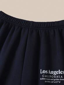 SHEIN ChillGRL 少女两件套：纯色字母印花 Polo 衫 + 宽松运动裤，休闲秋冬装组合 - 藏蓝色 - 查看 4