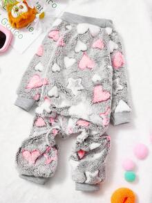 PETSIN 1件粉色心形白色心形印花宠物连体衣灰色秋冬法兰绒保暖舒适宠物保暖服 - 彩色 - 查看 2