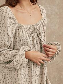 WESTFADE Robe mini ample à manches bouffantes longues, col carré, nœud papillon, imprimé floral en velours côtelé. Tenue décontractée et bohème pour l'automne, l'hiver, les concerts country, le style western pour femmes.